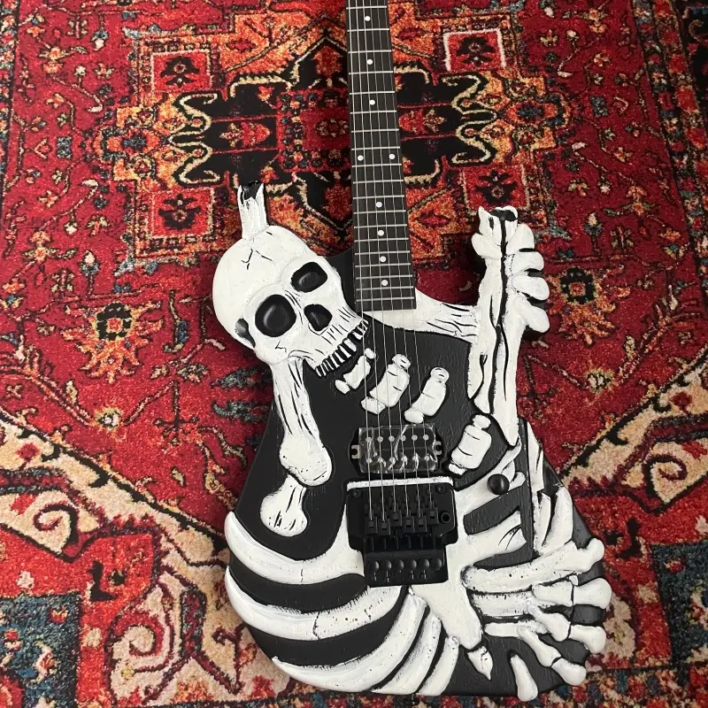 Skull & Bones Carved Style Electric Guitar Black & White Hand Carved Design