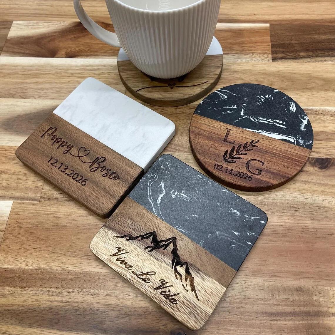 20 Pcs Natural Acacia Wooden White Marble Square Coasters Set US Warehouse Stocked Coaster White Marble Wood Square Coasters