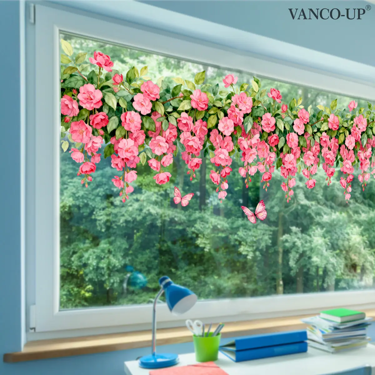 A set (30*90cm) of pink butterfly and flower window stickers, double-sided visible decorative window decals, suitable for home windows, glass doors, static stickers D20736