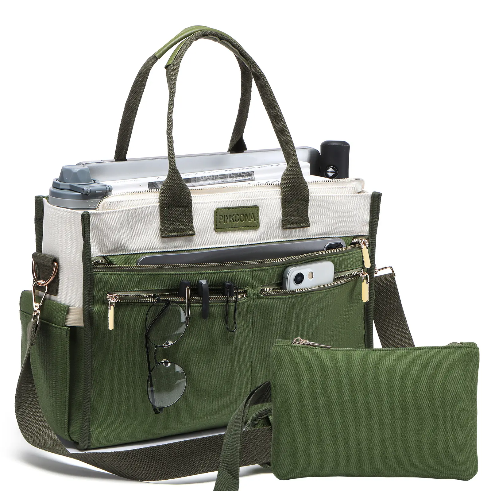 2Pcs/Set Large Canvas Tote Bag For Women, 14 Pockets Zipper Closure & Individual Compartments, Laptop Work Bag, Crossbody Shoulder Bag Purse, Suitable For Teacher, Nurse, College , Travel, Shop, Gym And Daily Use plain Aesthetic handbag