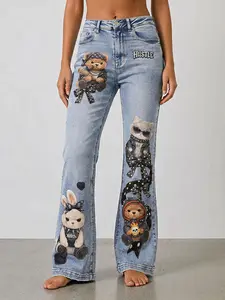 Punk Kawaii Bear Graphic Jeans Y2K Flare High Waisted Denim Pants Cute Goth Ribbon Print Wide Leg Streetwear Women Aesthetic Outfit