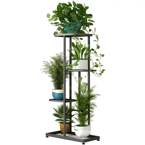 Linzinar 4-Tier Metal Grid Plant Stand - Antirust Spraying Heavy-Duty Iron, Wipe-Clean Smooth Shelves, Holds 5 Potted Plants, Indoor/Outdoor Balcony Bedroom Organizer Storage Rack (Garden Accessories, Trophies Compatible)