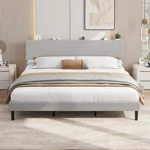 King Size Bed Frame with USB Charging Station, Corduroy Upholstered Platform Bed Frame with Adjustable Storage Headboard, Wooden Slats Support, No Box Spring Needed, Easy Assembly, Gray