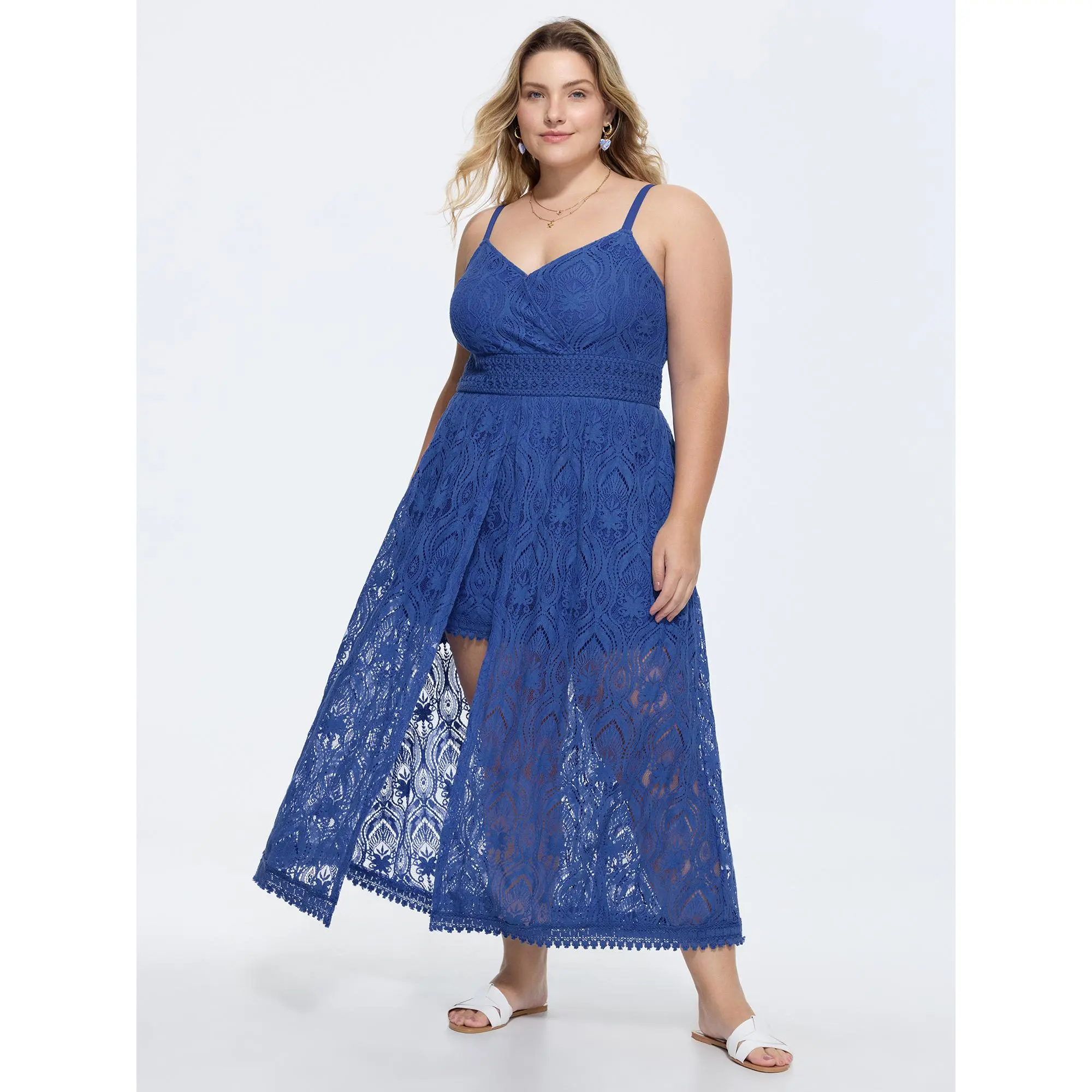 BloomChic Women's Plus Size Lace Knit Resort Romper, Sleeveless V-Neck in a Solid Cotton Blend with a Smocked Waist and Side Pockets, Garment, Fabric, Rompers For Women, Patchwork Knit, Spandex, Low Iron, Lady, Basic