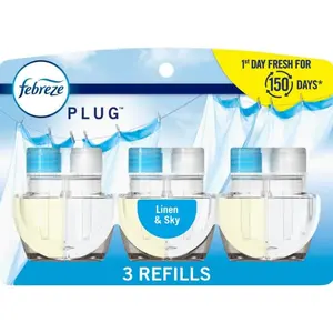 Febreze Plug In Air Freshener, Odor-Fighting Scented Oil Refill, Air Fresheners for Home and Bathroom and Kitchen, Long Lasting for Strong Odors, Linen & Sky Scent, 0.87oz Refills, 3 Count (Pack of 1)