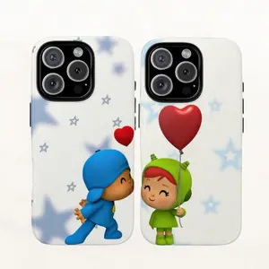 Pastel Pocoyo Couple Love Shockproof Tough Phone Case with Heart Balloon & Kiss Scene | Cute Matching Cartoon Design | Drop Protection Cover for iPhone 11 12 13 14 15 16 17 Pro Max Plus