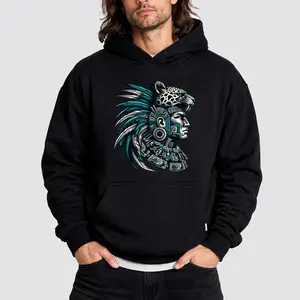 Ancient Aztec Jaguar Warrior Profile Art Hoodie, Fleece Fabric Pullover Unisex Casual Streetwear Trendy Top for Men for Women