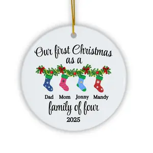 Personalized Our First Christmas as a Family of Three Four Five 2025 Christmas Ornament - Snowflake or Circle Design with Stockings and Custom Names for New Addition to the Family