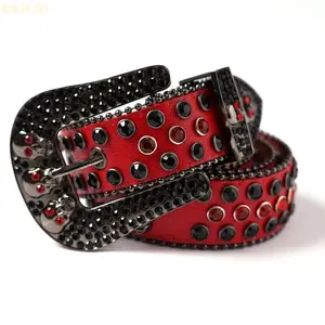 DAN QI Western Cowboy Rhinestone Belt Men's Red Skull Belt with Metal Alloy Buckle Ideal for Jeans Pants Jacket Casual Waistband LX04548 Fashionable Square Button Average Size
