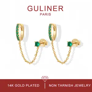 GULINER Paris 14K Gold Plated Double Piercing Dangle Chain Huggie Hoop & Single Stud Ear Cuff Earrings Non Tarnish Jewelry for Women