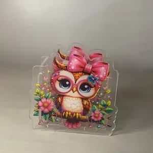 Acrylic Pen Holder with Adorable Owl Design and Pink Bow Perfect for Desk Organization and Office Decor