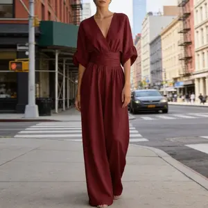 2026 spring and summer new elegant waist cinched V-neck temperament women's jumpsuit