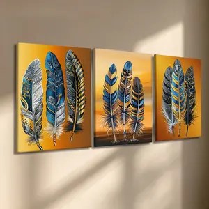 3 Pcs/Set Wooden-Framed Canvas Painting, Bohemian Tribal Feather Canvas Wall Art, Vibrant Blue & Gold Aztec Pattern Print for Living Room, Bedroom, Kitchen, Dining Area, Entryway, Office, Modern Home Decor, Fashion Artistic Ornaments, Artwork