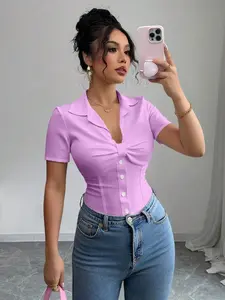 Women's Casual Plain Color Short Sleeve Blouse, Simple Summer Top For Everyday Wear