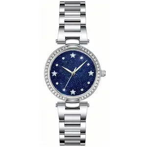 Women's Elegant Round Digital Dress Watch - Luxury Starry Sky Design, Silver Stainless Steel Band, Star Markers, Outdoor-Ready Fashion Watch