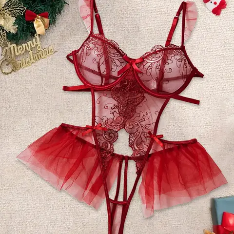 Christmas Sexy Transparent Hot Temptation Women's Erotic Bodysuit, Sheer Bow Floral Design, Adjustable Strap, Thin Fabric, Fitted All Seasons Wear, Strappy Lingerie, Underwear, Lingerie Outfits