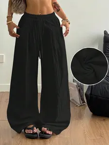 Women's Summer Linen Palazzo Pants Boho Classical Flowy Solid Color Wide Leg Beach Trousers With Pocket Casual Soft Elastic High Waist Lounge Pants Basic Minimalist Travel Vacation Bottoms Date Brunch Home Work Streetwear Country Concert Outfit