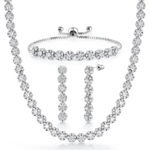 Rhodium Plated With Round Cz Earrings Bracelet Necklace Set, Cz Halo Necklace Set, Brass Necklace, Halo Cz Necklace, Party Wear Necklace Set