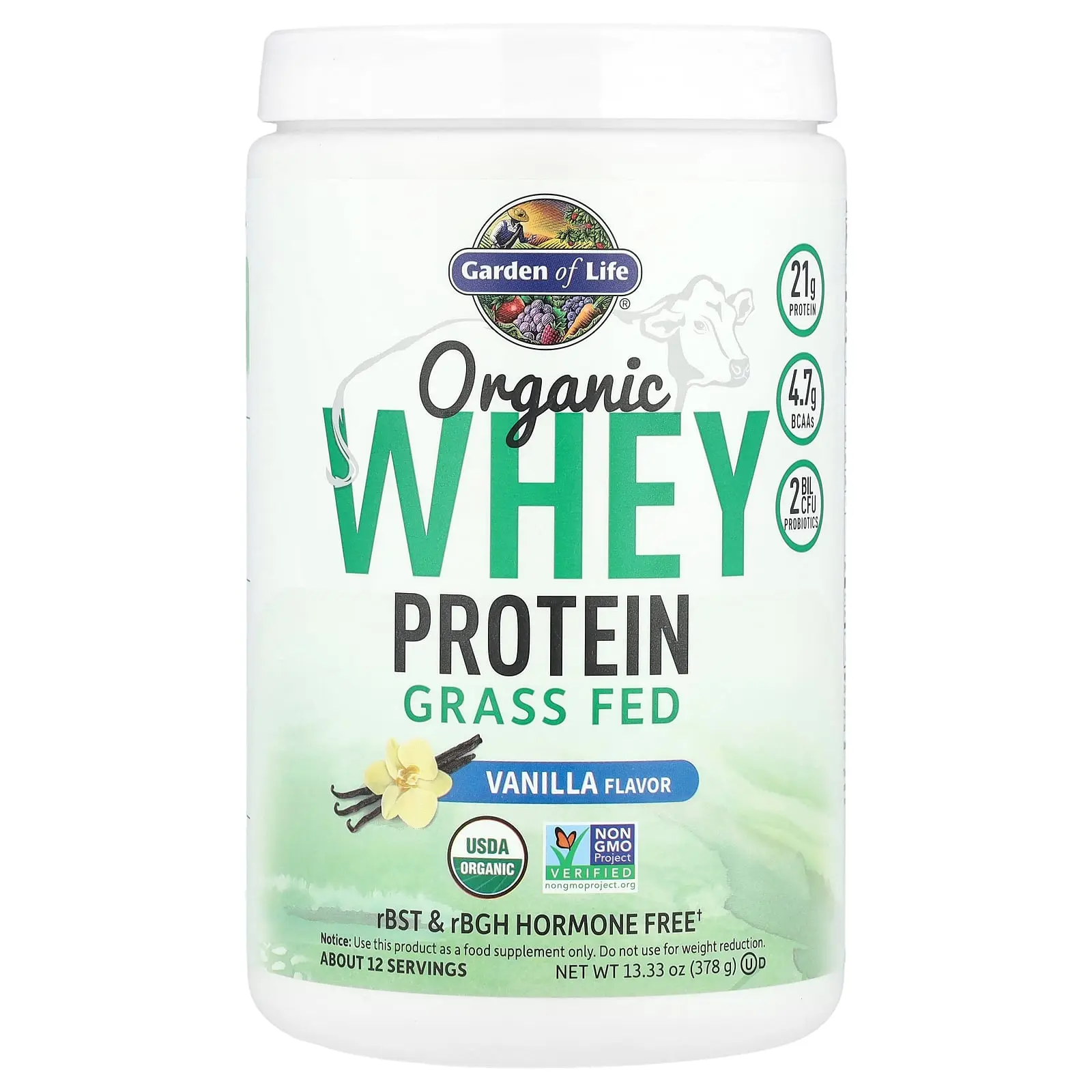 Garden of Life Organic Whey Protein, Grass-Fed, Vanilla, 13.33 oz (378 g)