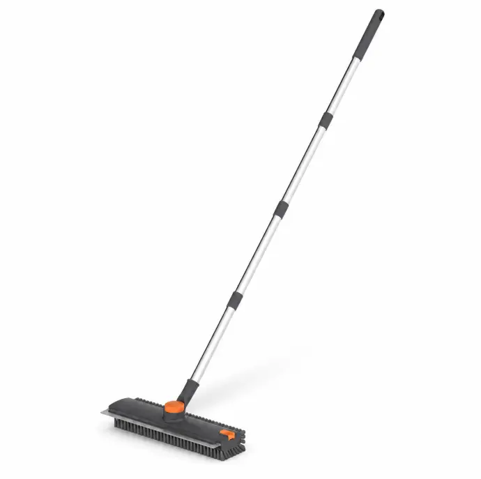 3-in-1 Floor Scrub Brush with Long Handle, Stiff Bristle Floor Cleaner and Squeegee Broom for Sweeping, Scrubbing and Water Removal, Multipurpose Cleaning Tool for Bathroom, Shower, Kitchen, Tile, Patio and Garage