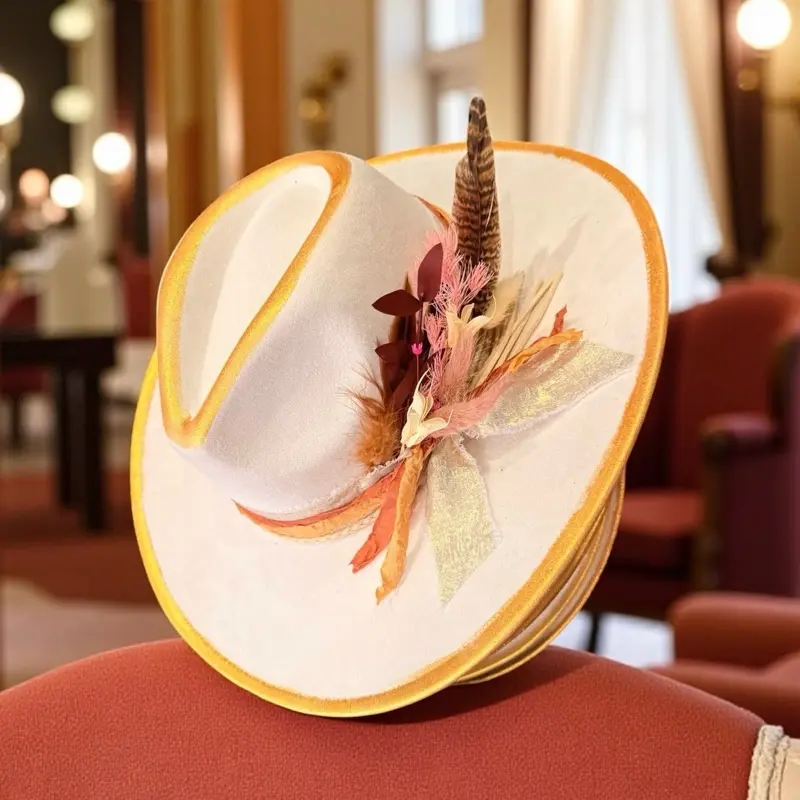 Rusty Peacock Hats Golden Hour Boho Hat - Handcrafted Creamy Ivory Felt with Golden Trim & Blush Amber Feather Arrangement