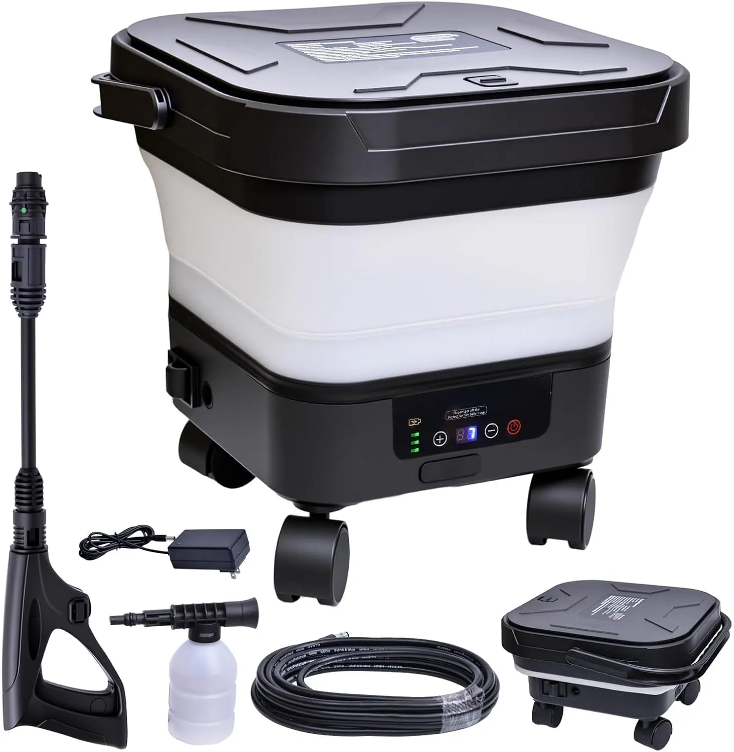 Portable Cordless Washer with 3.4Gal Tank, Foldable Design for Car Camping | 3.4Gal Tank with Wheels, 580PSI Max, 7-Level Adjustable Sprayer, 360° Rotating Nozzle, 23FT Hose, 20000mAh Battery