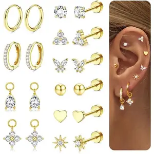 CASSIECA Stud Earrings Stack 14K Gold Plated/Silver Surgical Steel, Hypoallergenic Flatback Cartilage Earrings with Charms, Non Tarnish Multiple Piercing Jewelry for Women with Sensitive Ears
