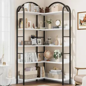 5-Tier l-Shaped Corner Bookshelf, Modern Industrial Bookcase with Arched Metal Frame, Open Wood-Metal Storage Shelves, Space-Saving Display Rack for Living Room, Bedroom & Home Office