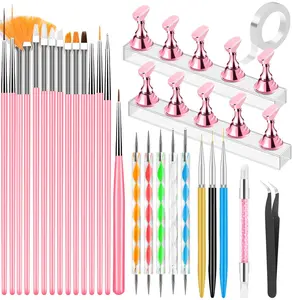 Nail Art Tools Set, Nail Stand for Press on Holder for Painting Nails, Nail Art Brushes, Liner Brushes, Nail Dotting Tool, Must Haves Design Tools for Nail Tech & Beginners Nail Art Supplies Kit (Pink)