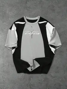 Men's Patchwork Letter Print T-Shirt, Casual American Comfort Sportswear, Athletic Sports Clothing, All-Season Wear, Casual Sports Top, Perfect Gift for Boyfriend