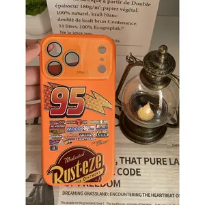 Lightning McQueen 95 pattern, dopamine-style solid color phone case, ultra-soft touch, full lens protection, compatible with Apple iPhone 17, 16, 15, 14, 13, 12.