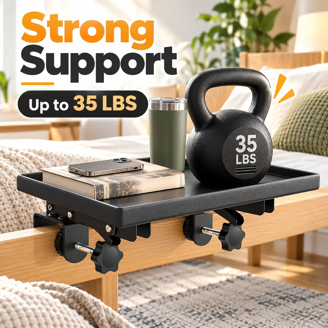 Clip-On Bedside Shelf for Bunk & Loft Beds, Foldable Bed Caddy Tray for Dorm Rooms & Small Bedrooms, Space-Saving Bedside Organizer for Phone, Books & Water, Black