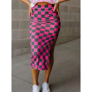 Elegant women's plaid MIDI skirt with side seams - slim fit, black and white casual style, perfect for autumn, machine washable, printed, A-line skirt, autumn