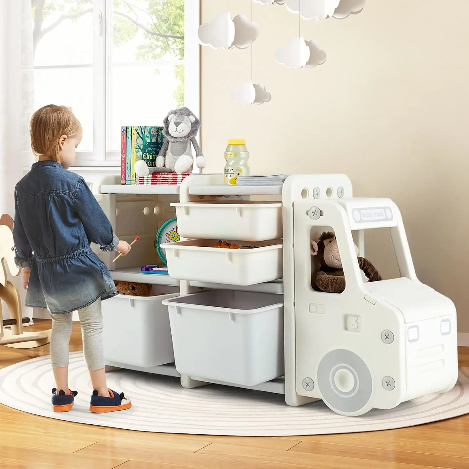 Costzon Kids' Truck Furniture - Rounded Edges Safe Toy Shelves & Racks with 2 Removable Storage Bins, 2 Pullout Drawers, Enclosed Cabinet, Nursery/Bedroom Organization Solution, Father's Day Gift