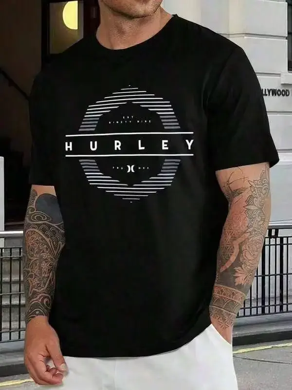 Hurley Men's T-Shirt, Short Sleeve, Black, With Graphic Logo, Casual Surf And Skate Style, Comfortable, Fashion, Summer Top. Loo