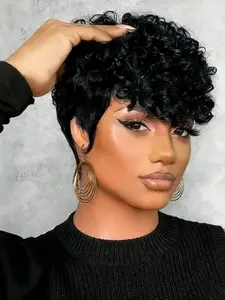 Pixie Cut Curly Wigs for Women Short Layered Pixie Cut Human Hair Wigs With Bangs