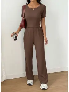 Ribbed texture crew neck short-sleeve wide-leg pants set for Women, featuring a basic minimalist commuting style design, suitable for multiple scenarios such as the office, casual outings, vacations, and travel.