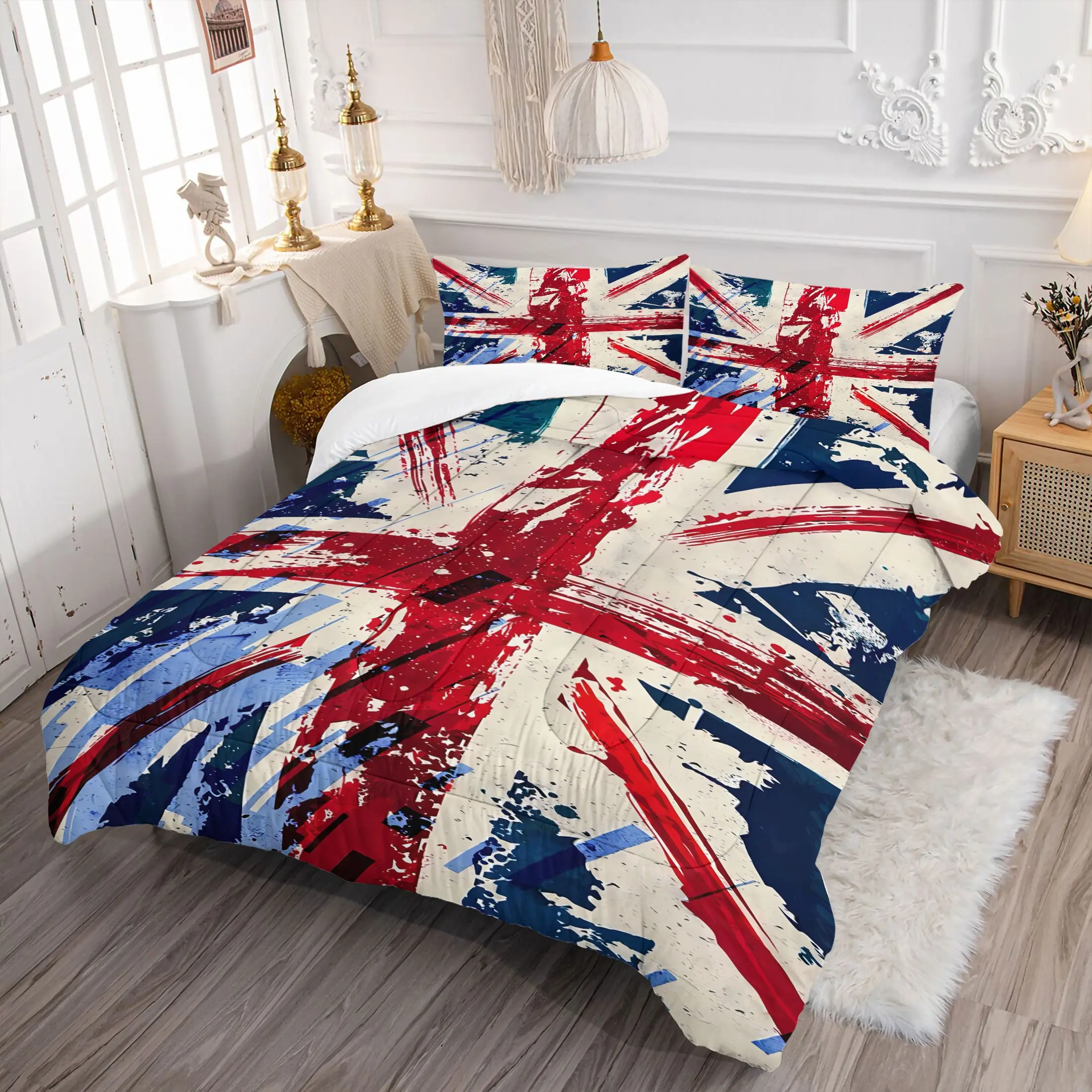 2/3PCS Grunge Union Jack Comforter Set, UK Flag British Quilt, Soft Microfiber Bedding Set with Pillowcase, Vintage Union Jack Printed Bed Set for UK Themed Bedroom, Dorm & British Home Decor