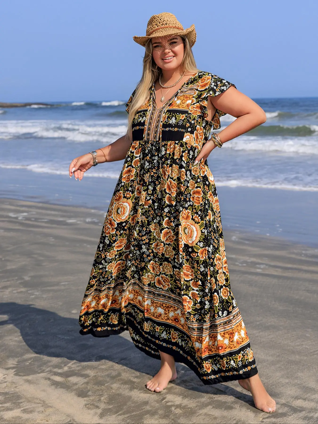 Plus Size Floral Print V-Neck Maxi Dress, Boho Fashion Casual Short Sleeve Dress for Daily Vacation Wear, Women's Clothing for All Seasons, Bohemian Sundress - TikTok Shop Plus Size Floral Print V-Neck Maxi Dress, Boho Fashion Casual Short Sleeve Dress for Daily Vacation Wear, Women's Clothing for All Seasons, Bohemian Sundress - TikTok Shop