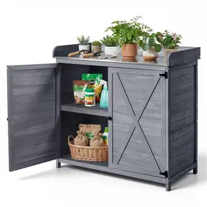 Potting Bench Table for Outdoor Gardening - Wooden Workstation with 39 x 19 Inch Tabletop, Large Storage Cabinet and Organizer, Planting Station for Patio, Garden and Backyard, Gray Finish