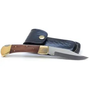 MAZEDAZE Hunting Knife – Handmade Lock Back Design Folding Knife with Sheath | Premium Pocket Knives with Wooden Ergonomic Handle | Survival Knives for Hunting, Campaign and Skinning (Brown, Wooden Handle Shape)