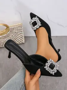 Trendy Rhinestone Heeled Slippers, Satin Pointed Toe Design, Perfect for Spring Summer Daily Wear, Versatile Women's Shoes