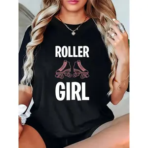 Women’s ‘Roller Girl’ T-Shirt with Pink Roller Skates Graphic – Casual Short Sleeve Tee for Roller Skating Enthusiasts, Daily Wear, Black