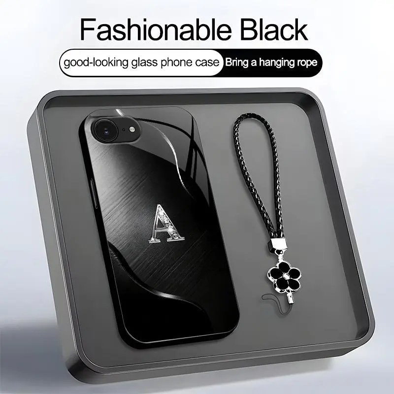 Black Wave Art 26 letter Phone Case, Suitable for [iPhone 16e] high-end women's, Lanyard a beautiful four-leaf clover lanyard is included🍀 952