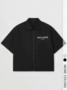 Men's Milano Print Short Sleeve Zip Up Shirt, Casual Collared Top For Daily Streetwear