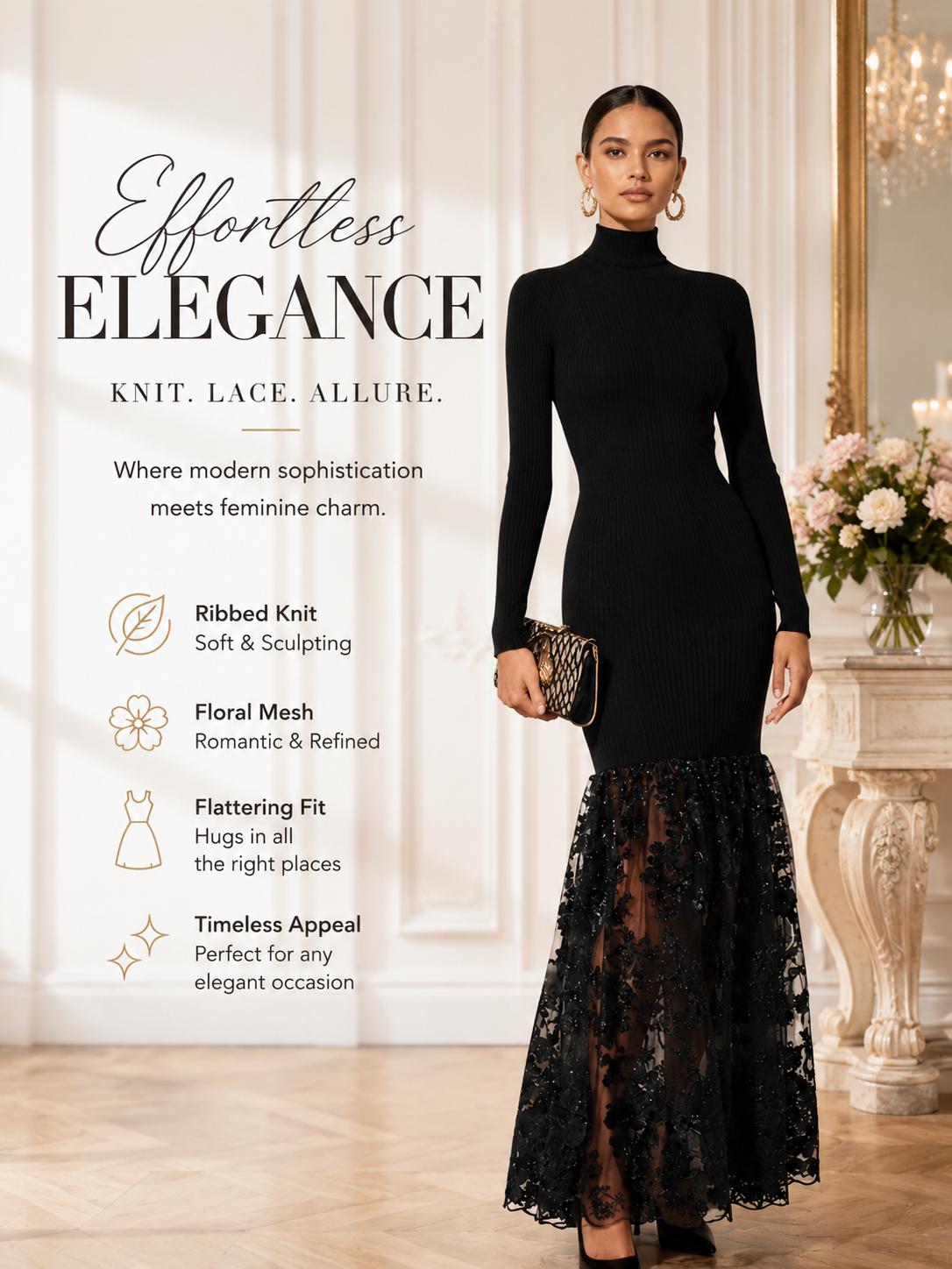 FEHAUTE Black Mesh Floral Fall Knit Mock Neck Long Sleeve A-Line Maxi Cocktail Party Evening Dress Elegant Longsleeve Dress Elegant Chic Dress