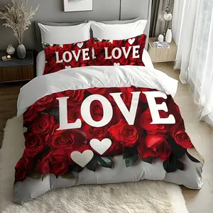 2/3-piece romantic red and white love rose letter pattern quilt cover set, 1 quilt cover + 2 pillowcases without quilt core pillow core, Valentine's Day, universal in all seasons, soft and comfortable machine washable
