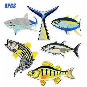 6Pcs Ocean Fish Iron On Patches, Shark Tuna Bass Embroidered Appliques for Fishing Clothing Backpacks DIY Decoration