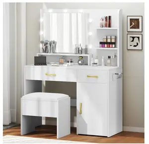 Makeup Vanity Desk with Mirror, Power Strip, 9 LED Bulbs, Storage Drawers, Stool, White