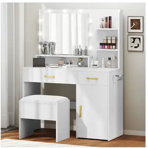 Makeup Vanity Desk with Mirror, Power Strip, 9 LED Bulbs, Storage Drawers, Stool, White